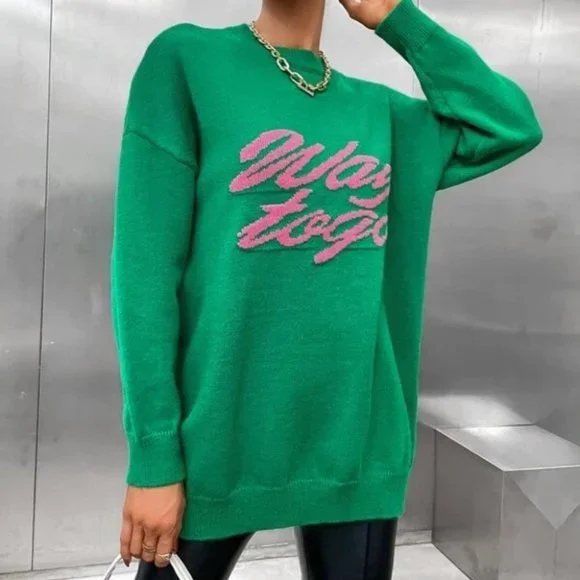 WAY TO GO graphic green pink long sleeve knit sweater top - Picture 3 of 10